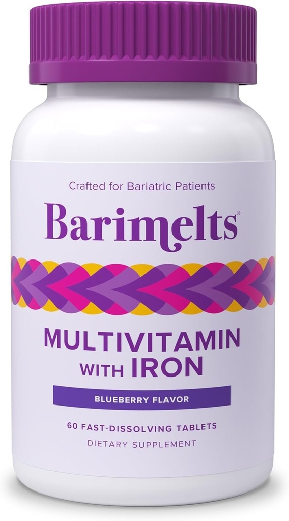 BariMelts Bariatrische multivitamine met ijzer - 1 maand aanbod (60 snel oplossende tabletten) - Suikervrij - Post-Op Bariatrische vitamines - Natuurlijke bosbessensmaak