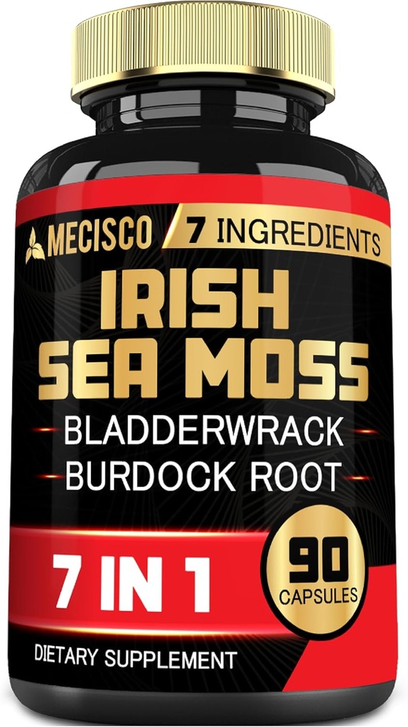 7in1 Irish Sea Moss Capsules 6750 Mg met biologische Bladderwrack & Burdock Root, Kurkuma, Apple Cider Vinegar - Raw Seamos Pillen voor haar, huid, schildklier gezondheid - 90 Caps voor 3-maand levering