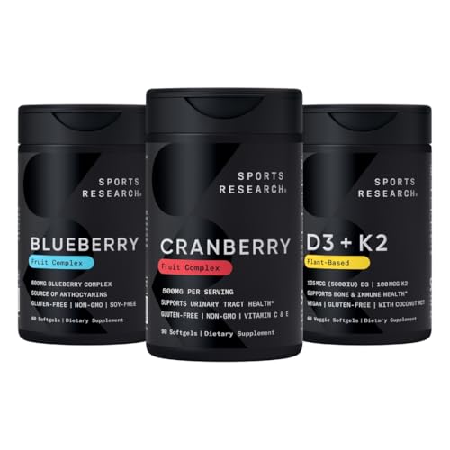 Sportonderzoek Cranberry Fruit Complex Supplement met Pacran & Vitamines C & E, Whole Fruit Blueberry Concentrate Gemaakt van biologische bosbessen en plantaardige vitamine D3 + K2 met kokosolie