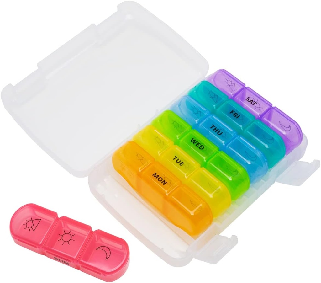 EZY DOSE Weekly (7-Day) Daily Medtime Pill Organizer Case, Vitamin Planner and Medicine Container, Removable Large Pop-Out Individual Compartments, 3 Times a Day, Travel Friendly, Rainbow, BPA Free