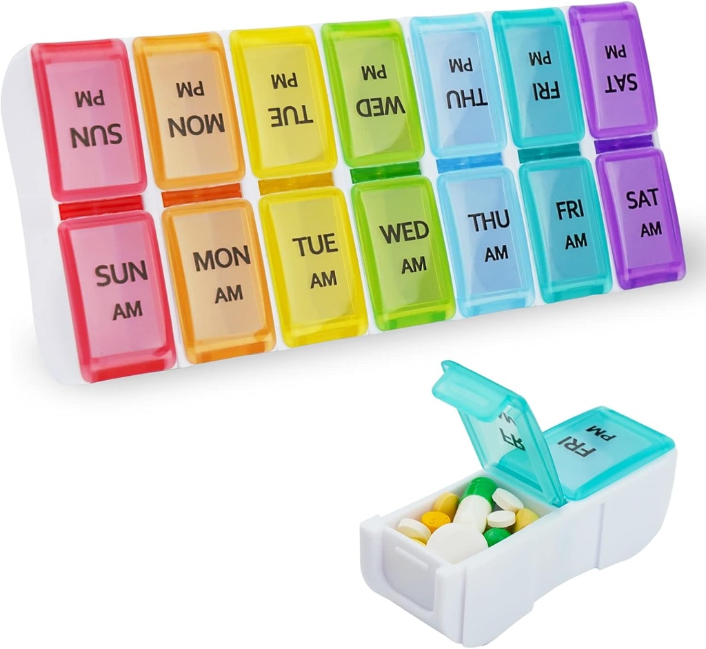 DailyRest pil Organizer 2 keer per dag, pil doos 7 dag, AM PM pil geval, afneembare wekelijkse pil container, Regenboog See-Through Lids, reizen draagbare geneeskunde container voor pil / Vitamins / aanvullingen