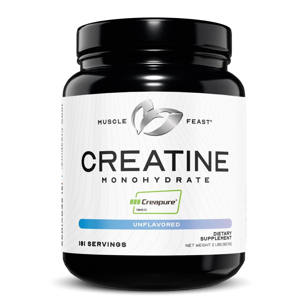 Muscle Feast Creapure Creatine Monohydraat Poeder, Vegan Keto Vriendelijk Glutenvrij, Mass Gainer, Muscle Recovery Supplement en vertrouwde Creatine voor spiergroei, Creatine Powder, Unflavored, 2lb