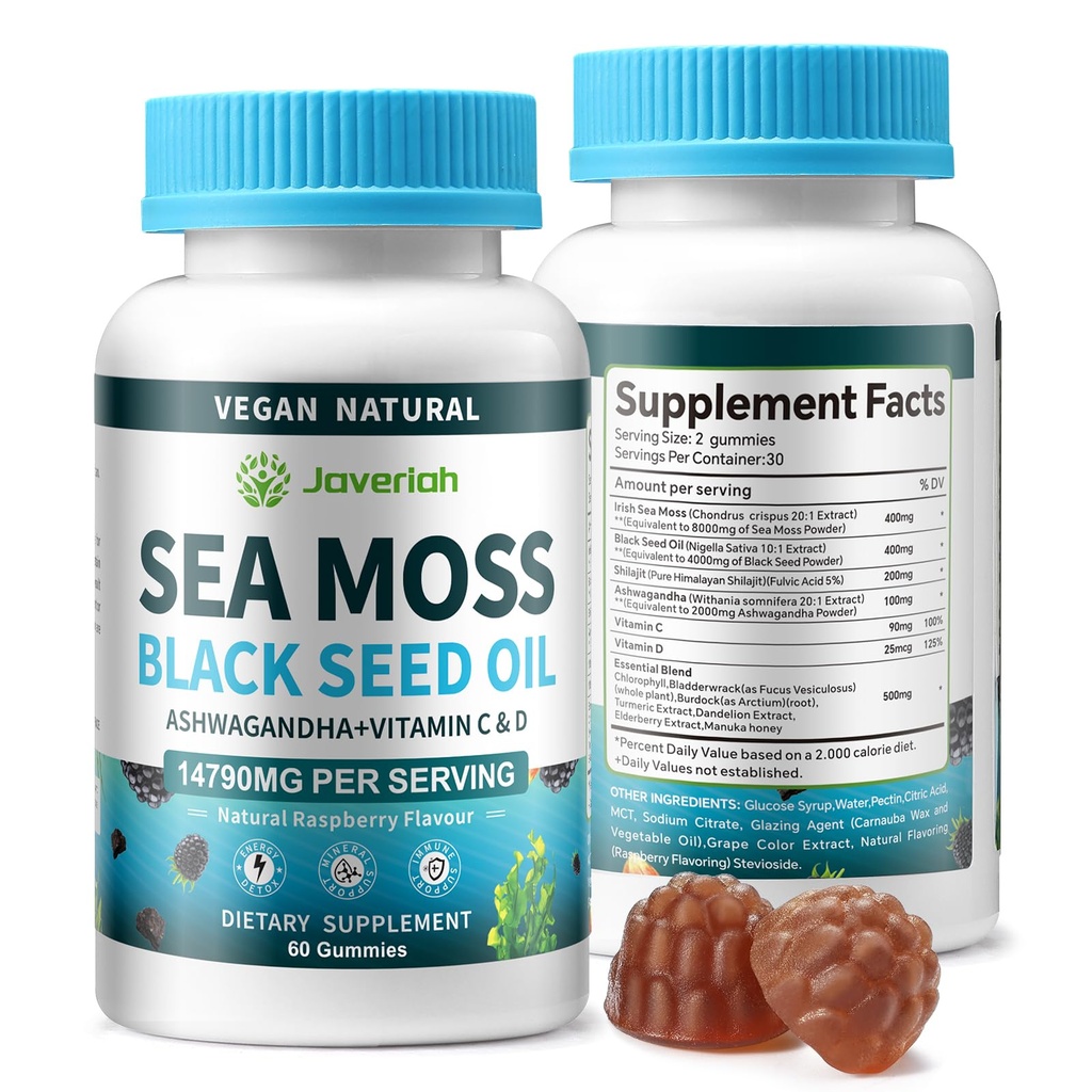 Vegan Ashwagandha Sea Moss Gummies - Black Seed Oil, vitamine C&D voor Immune Support, Digestief, Antioxidant 13 in 1 Bundel, Sea Moss Chlorofyl Advanced Strength Formula 2Pack 120 Gummies