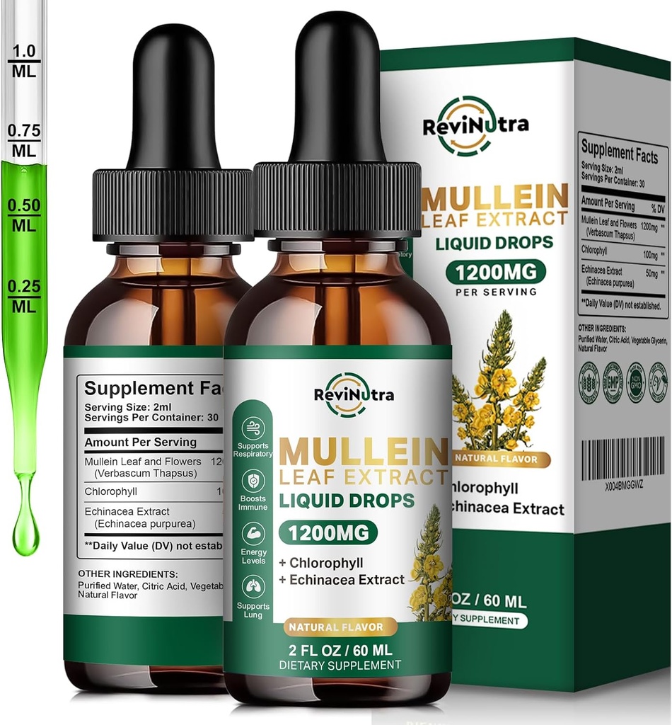 2 Pack Mullein druppels voor longen, 1200mg Mullein Leaf Extract Liquid Drops met Chlorofyl voor Lung Cleanse & Detox, Ondersteuning voor Ademhalingsstelsel, Immuun, spijsverteringssysteem