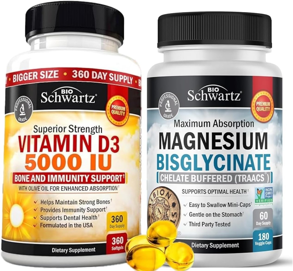 High Strength Vitamin D3 5000 IU 125 mcg (1 Year Supply) Plus High Absorption Magnesium Bisglycinate Capsules (2 Month Supply)