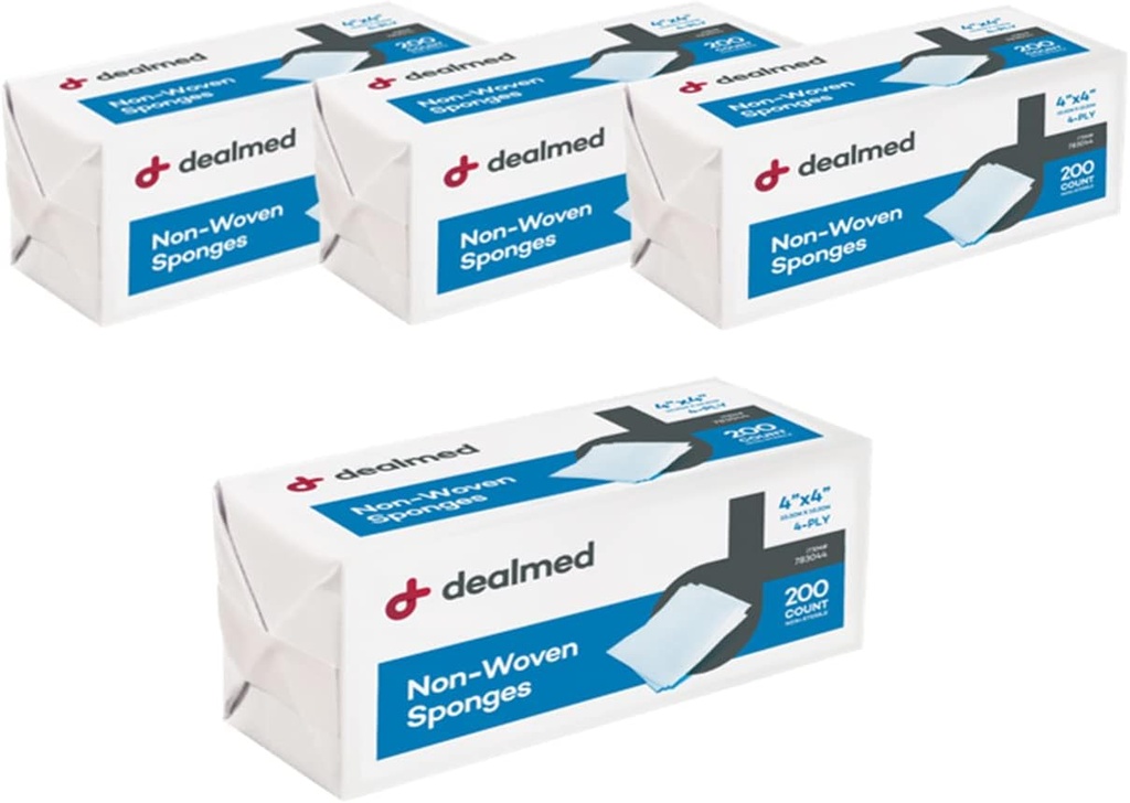 Dealmed Non-Woven Gauze Sponges - 4-Ply, 4" x 4" All-Purpose Non-Sterile Absorberende TandGauze Wound Care for Early Aid Kit/Medical Facilities, 200 Count (Pack of 4)