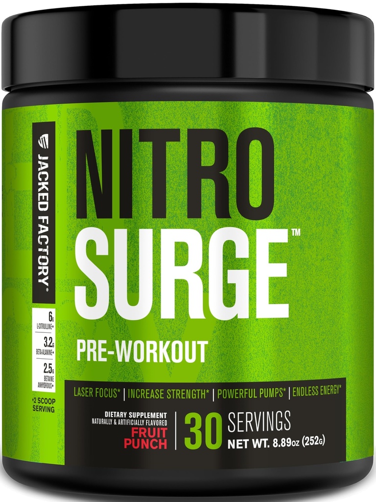 Gejackte fabriek NITROSURGE pre-workout supplement - eindeloze energie, instant kracht winsten, duidelijke focus en intense pompen - NO Booster en krachtige preworkout energiepoeder - 30 porties, fruit punch