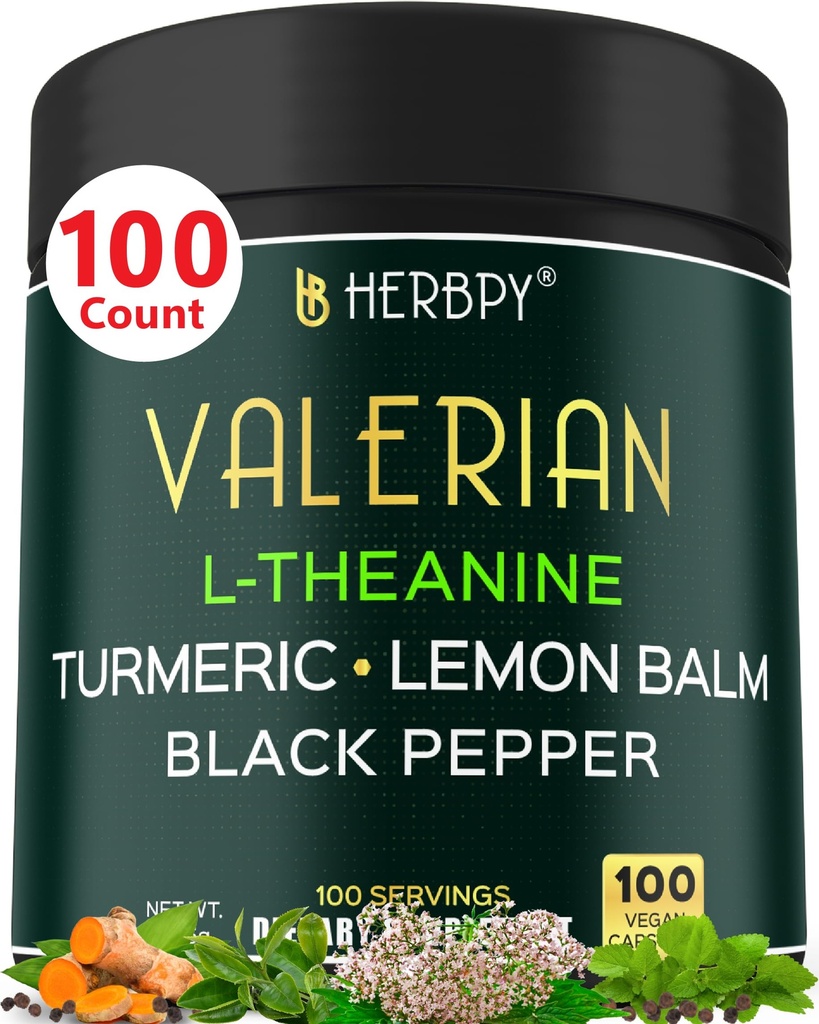 5in1 Valeriaan wortel Capsules Plus L-Theanine, citroenbalsem, kurkuma en zwarte peper voor ontspanning, rustgevende nacht, spijsvertering & Immuun ondersteuning - 100 Tel.