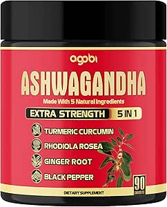 Ashwagandha Capsule 5in1-90 Vegan Capsules Blended with Gember, Kurkuma, Rhodiola Rosea & Black Pepper