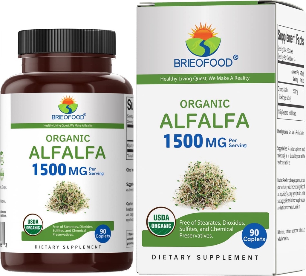 Brieofood Biologische Alfalfa 1500mg, 45 porties, Vegetarisch, Glutenvrij, 90 Vegetarische tabletten