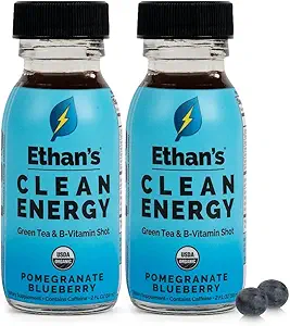 Ethan's Organic Clean Energy Shots Granaatappel Blueberry, Sugar Free Natural Pre-Workout Focus Boost, Glutenvrij, Veganistisch, B6 & B12 Vitamine C met Green Tea Extract en Guayusa (2 Pack of 2oz Shots)