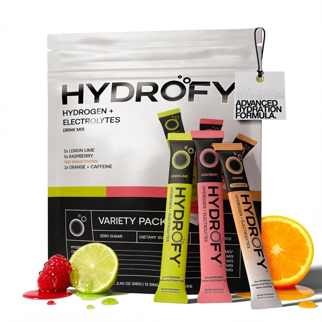 Hydrofy Water Water + Elektrolyten Drinkmix - Variëteitspakket H2 Hydration Packets met Moleculair Waterstof, Natrium, Kalium, Magnesium . . . . . . . . . . .