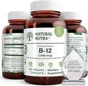 Natuurlijke Nutra Vitamine B12 1000 mcg, Cobalamine B 12 Supplement, Calcium Fosfaat, Hulp bij Metabolisme Gezondheid, Ondersteunt Zenuwstelsel, Optimale Absorptie, Glutenvrij, Suikervrij, 60 Vegan tabletten