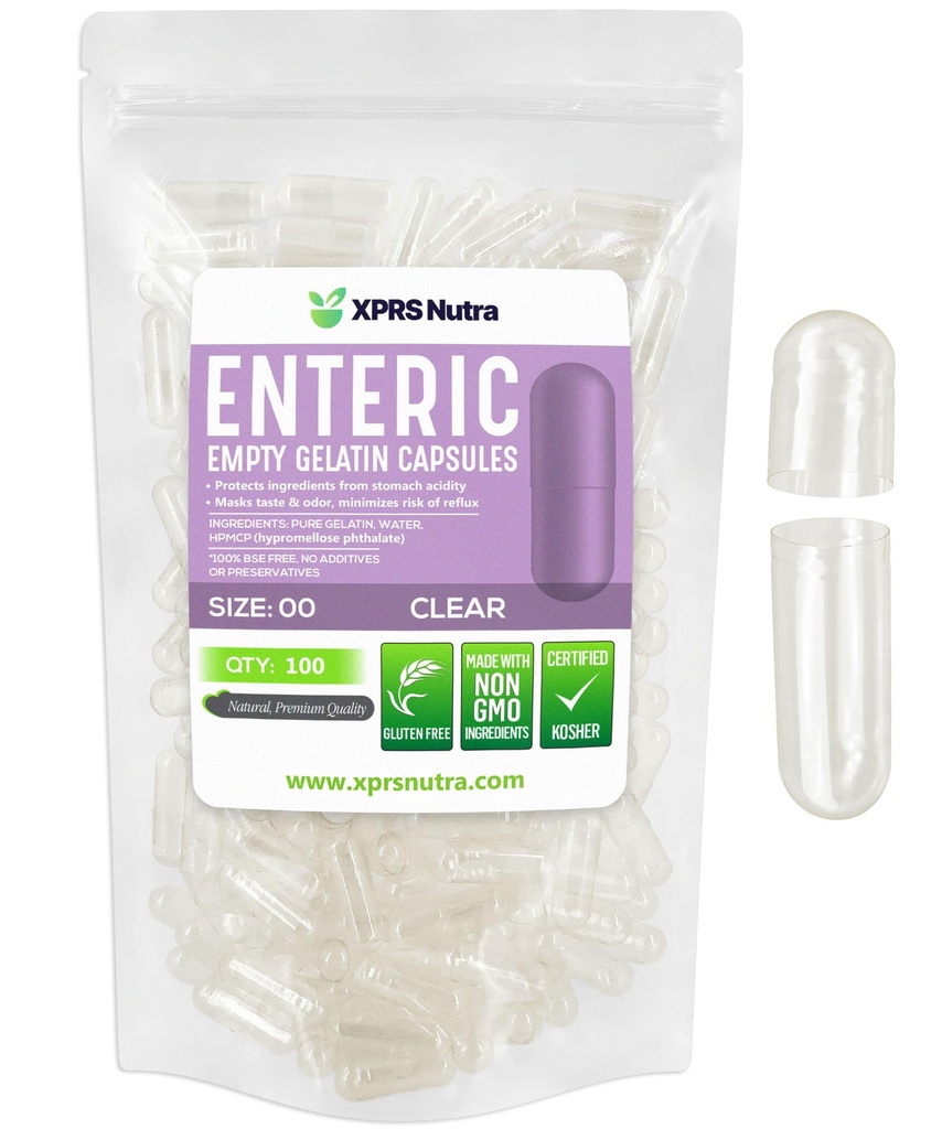 XPRS Nutra Formaat 00 Lege capsules - 100 Tel helder Enteric Coated Lege Gelatine Capsules - Vertraagde Release Pillen - DIY Capsule Vulling - Pure Bovine Lege Enteric Gel Caps