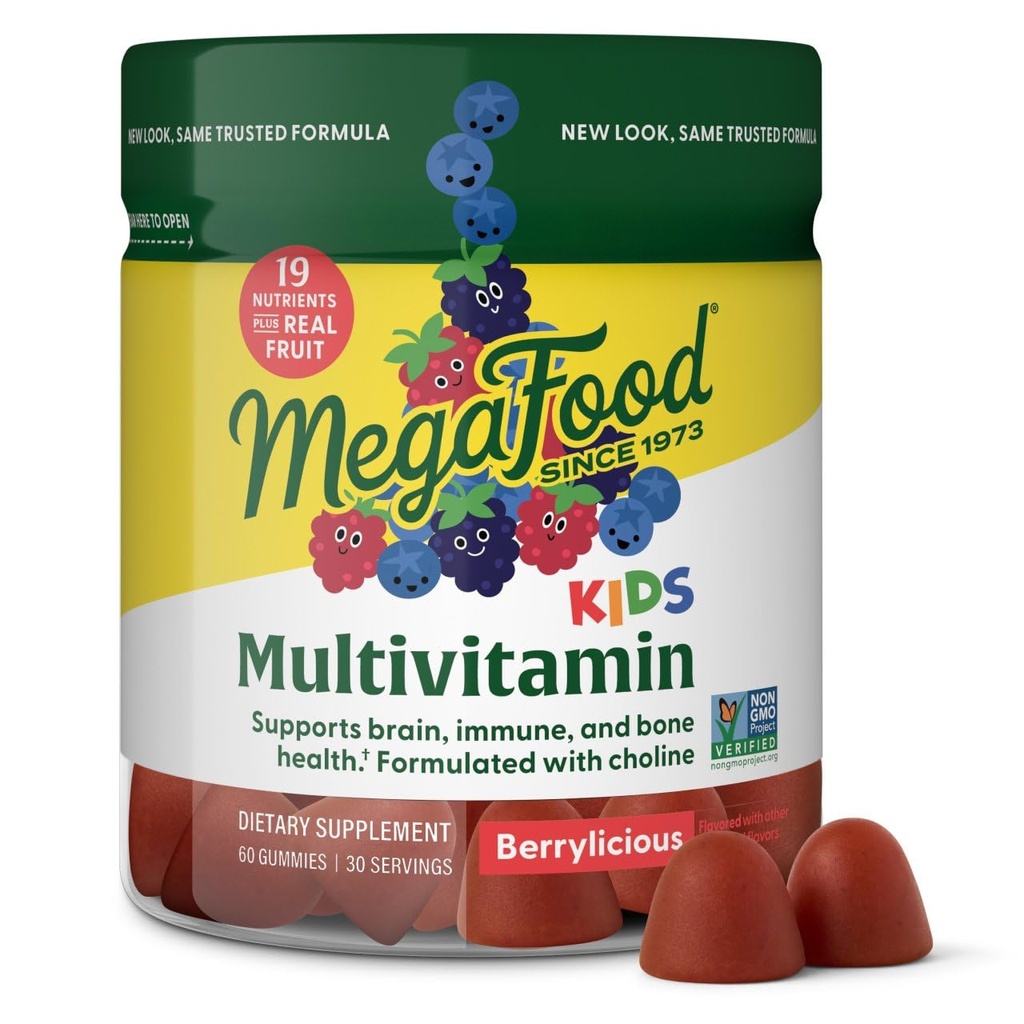 MegaFood Kids Multivitamine Gummies - Kids Vitamines - Leeftijd 4+ met vitamine C, vitamine D, zink, Choline, en Real Fruit - Hersenen & Immune Ondersteuning - Berrylicious Flavor - 60 Gummies (30 Servers)