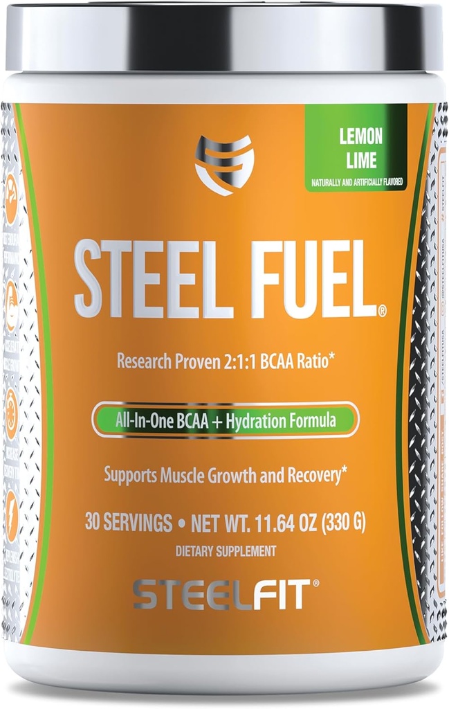 SteelFit Steel Fuel BCAAs Amino Acids Powder for Intra-Workout to Accelerate Muscle Growth & Enhanced Endurance - 30 Servings in Lemon Lime - BCAA Supplements Powder for Electrolytes & Recovery