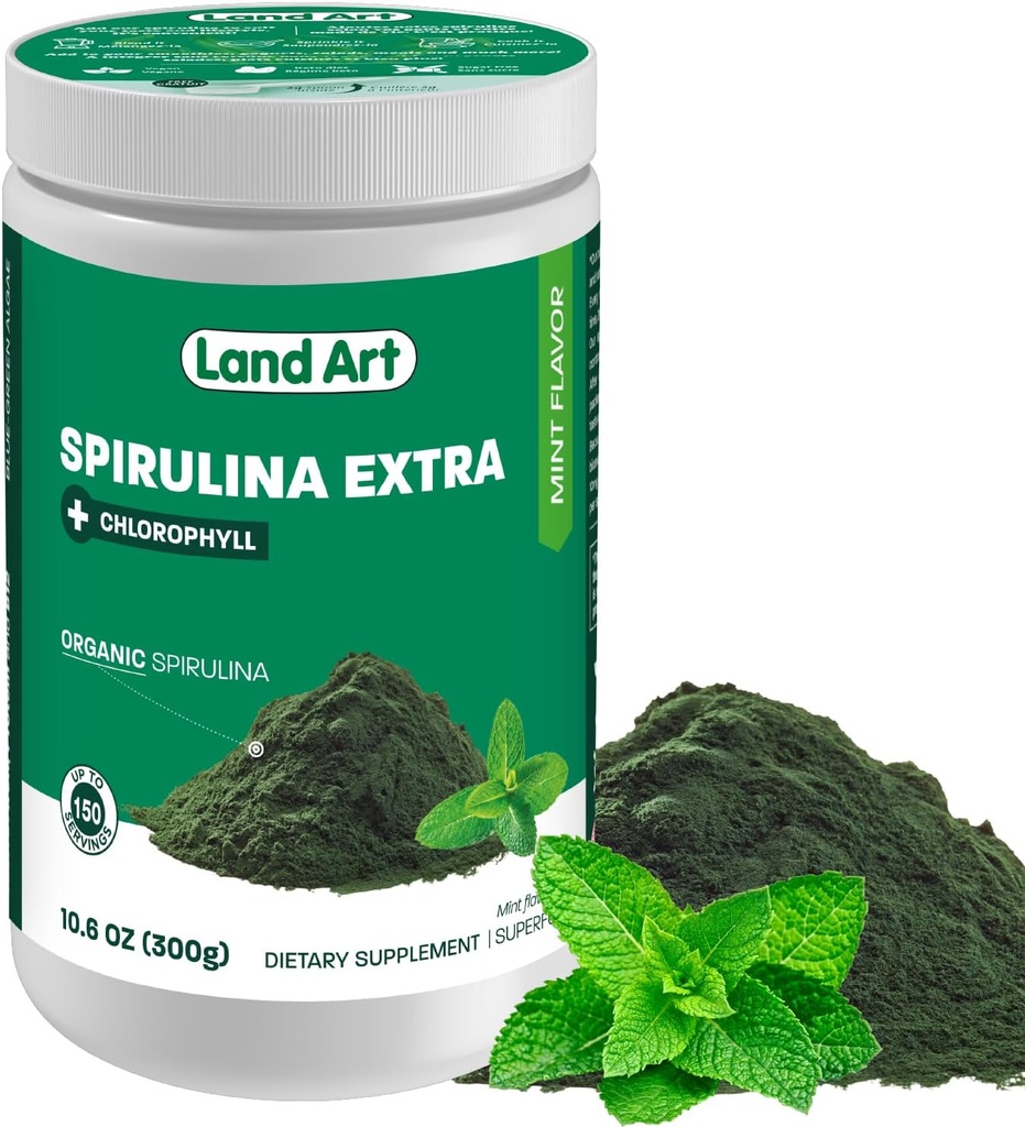 Land Art Organic Spirulina Extra Powder - Mint Flavoured - 100% Pure - 75 Servings - Superfood - Good Taste and Good Smell - 10% Bioactive Chlorofyl - Krachtige bron van antioxidanten