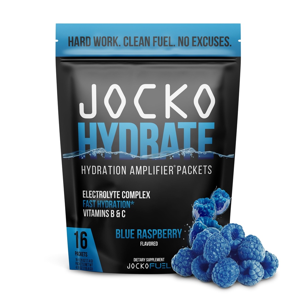 Jocko Fuel Hydrate Electrolytes Powder Packets Low Sugar - Hydration Amplifier Packets for Recovery, Dehydratation, & Oefening - with Vitamines B6, B12 & C (16 Packets) Blue Raspberry