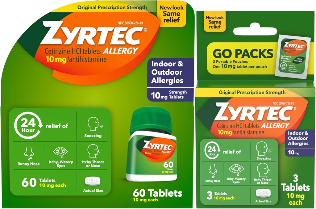 Zyrtec 24 Hour Allergy Relief Tablets, Indoor and Outdoor Allergy Medicine with 10 mg Cetirizine HCl per Antihistamine Tablet, Bundle Pack, 60 ct + 3 ct Travel Packs, 63 Count