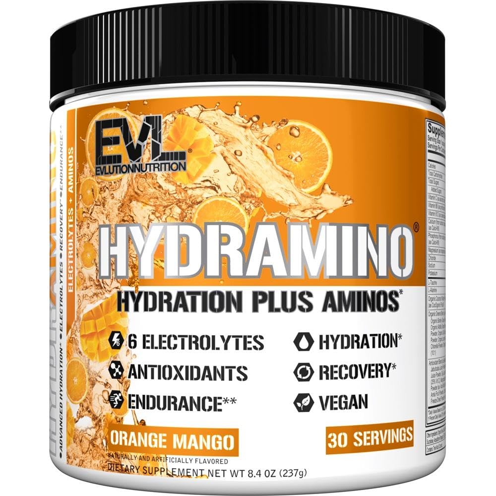 Evlutie Voeding HYDRAMINO Complete Hydration Multiplier, Alle 6 Elektrolyten, Vitamine C & B, Fluid Boosting Aminos, Kokoswater, Endurance, Herstel, Antioxidanten, 30 Serve, Oranje Mango