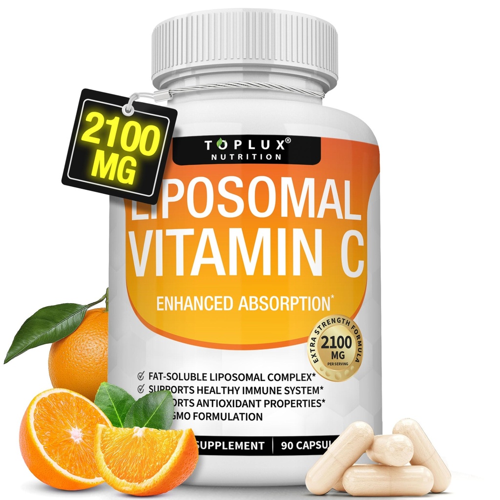 Liposomale vitamine C 2100mg Hoge absorptie Vetoplosbare VIT C - Immuunondersteuning Collageen Booster Immuniteitsverdediging & Krachtige Antioxidant, MCT-olie & Zonnebloemlecitijn, Acsorbinezuur, Vegan Non-GMO