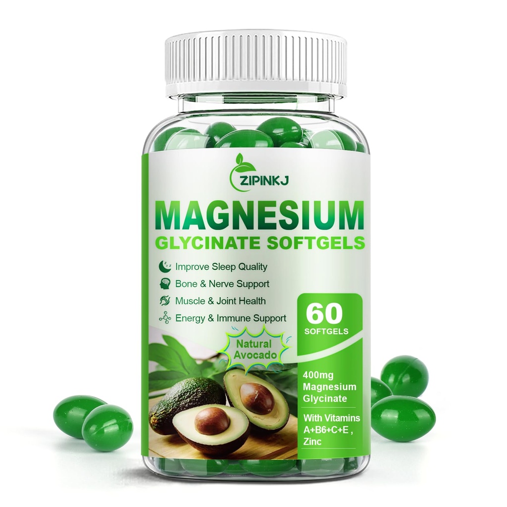 Magnesium Glycinate 400mg, Hoge Absorptie Magnesium Supplementen Softgels met Vitamine E, B6, Zink voor slaap, Kalm, Spierontspanning & Bone Health, Glutenvrije, Non-GMO, 60 softgels