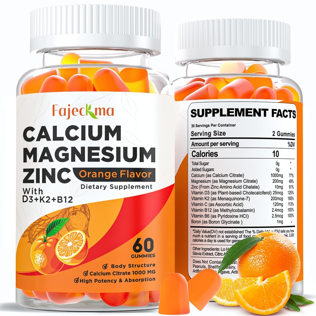 Calcium Magnesium Zink Gummies voor volwassenen: Biologische 1000mg Calcium Citroen Magnesium Supplement met D3 B12 - Suikervrij Hoge Absorptie Supplement voor Vrouwen Mannen (60 Count(Pack of 2))