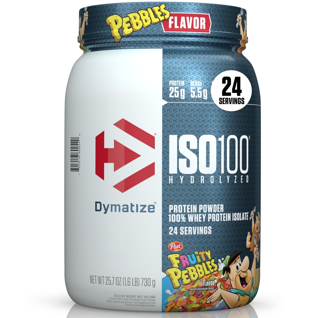 Dymatize x Fruitige Pebbles ISO100 Wei Proteïnepoeder Isolaat, 25 g eiwit, 20 porties, 5.5 g BCAA's, 120 Cal., Glutenvrij, 1 g Vet, 1 g Suiker, 2 g Kool (24 porties)