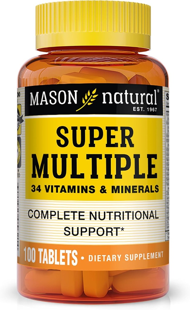 MASON NATUURLIJKE Super Multiple 34 Vitaminen en Mineralen - volledige voedingsondersteuning, Alles in één Multivitamine, Ondersteunt de algehele gezondheid, 100 tabletten