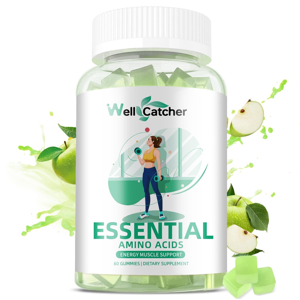 EAA Gummies essentiële Aminozuren - Alle 9 essentiële Aminos en alle vertakte-Chain Aminos (BCAA's) met spierherstel, energiesteun Suikervrije groene Apple smaak 30 porties