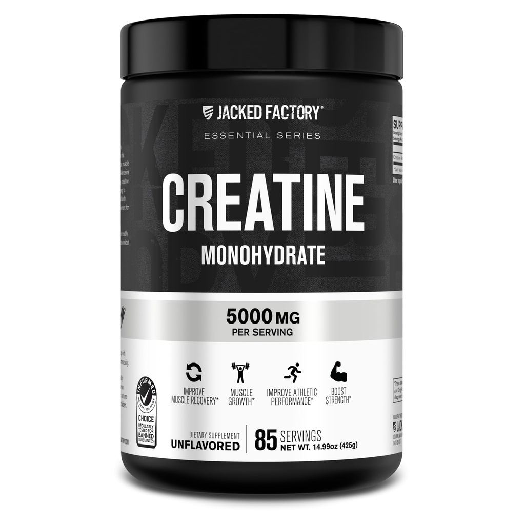 Jacked Factory Creatine Monohydraat Poeder 425g - 5g Dagelijkse Creatine Supplement voor mannen en vrouwen, Vegan-Friendly, Derde-partij Getest - 85 Servers, Onopge smaakt