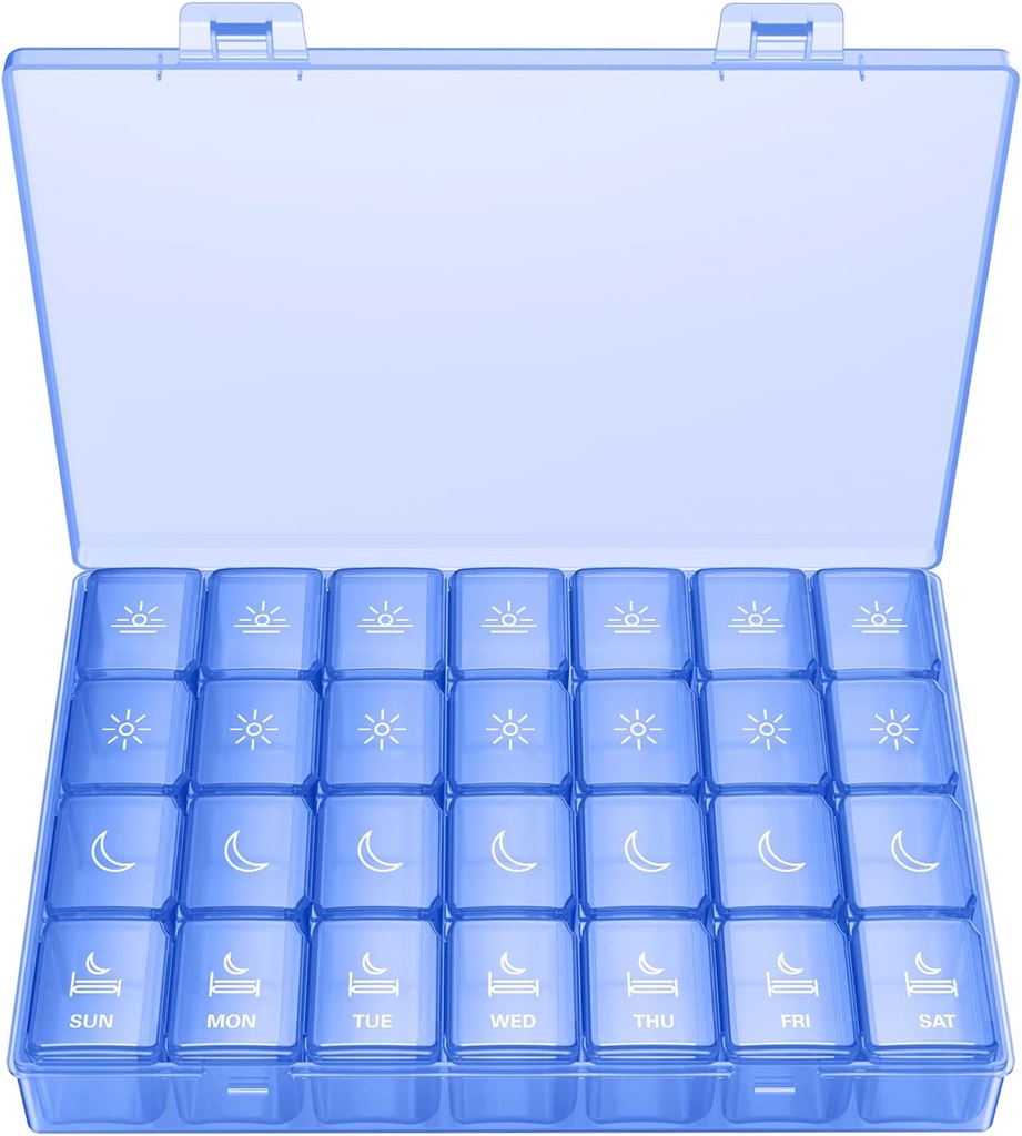 XL Pill Organizer 4 keer per dag, BUG HULL Extra Large Weekly Pill Box Case, 7 dagen vitamine Container dagelijkse pil houder voor kabeljauw-liver olie, vitaminen, supplementen (Koninklijk blauw)