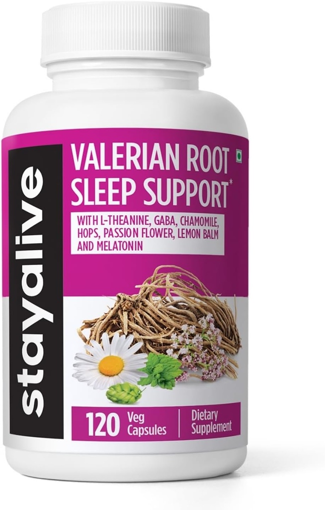 STAY LEVENDE Valeriaan wortel Capsules, 8-in-1 Extract w/Melatonine, Passiebloem, L-Theanine, Citroenbalsem, Hopbloem, kamille & GABA, 120 Valeriaan pillen, Non-GMO & Glutenvrije natuurlijke slaapsupplement