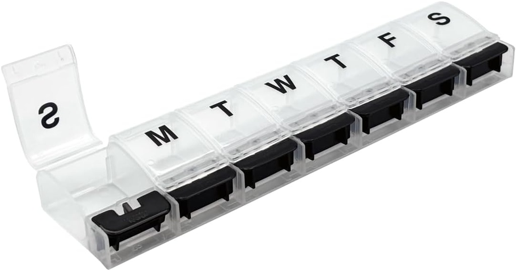 EZY DOSE Weekly (7-Dag) AM/PM Daily Pill Organizer, Vitamine Case, en Medicine Container, X-Large Compartments, Artritis Vriendelijk, Handig en gemakkelijk te gebruiken, Helder / Zwart, Design mei Vary, BPA Gratis