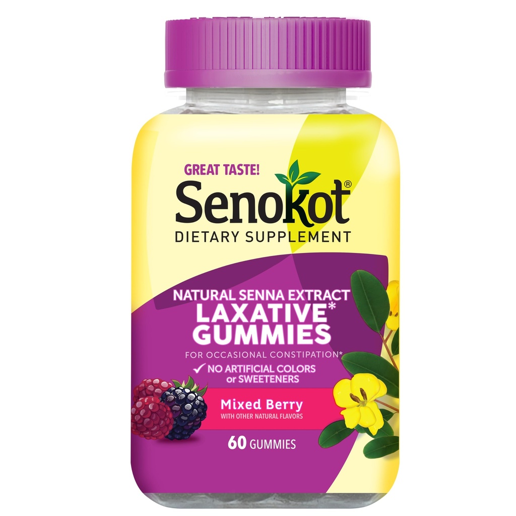 Senokot Dieetsupplement Laxatieve Gummies, Natuurlijke Senna Extract, Voorzichtig, Overnachting Verlichting van Occasional Constipatie, Gemengde Berry Smaak, 60 Tellen.