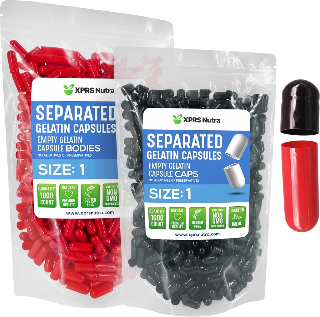 XPRS Nutra Size 1 Gelatin Separated Capsules - 1000 Count Empty Pill Capsules Separated in Bags- Empty Pills for DIY Supplement Filling (Black/Red)
