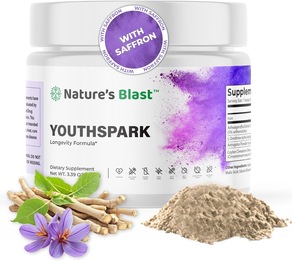 YouthSpark Longevity Supplement met Ashwagandha Root Extract (600mg), Astragalus & Cinnamon - Fruitsmaakpoeder, 30 porties, Vegan, Non-GMO