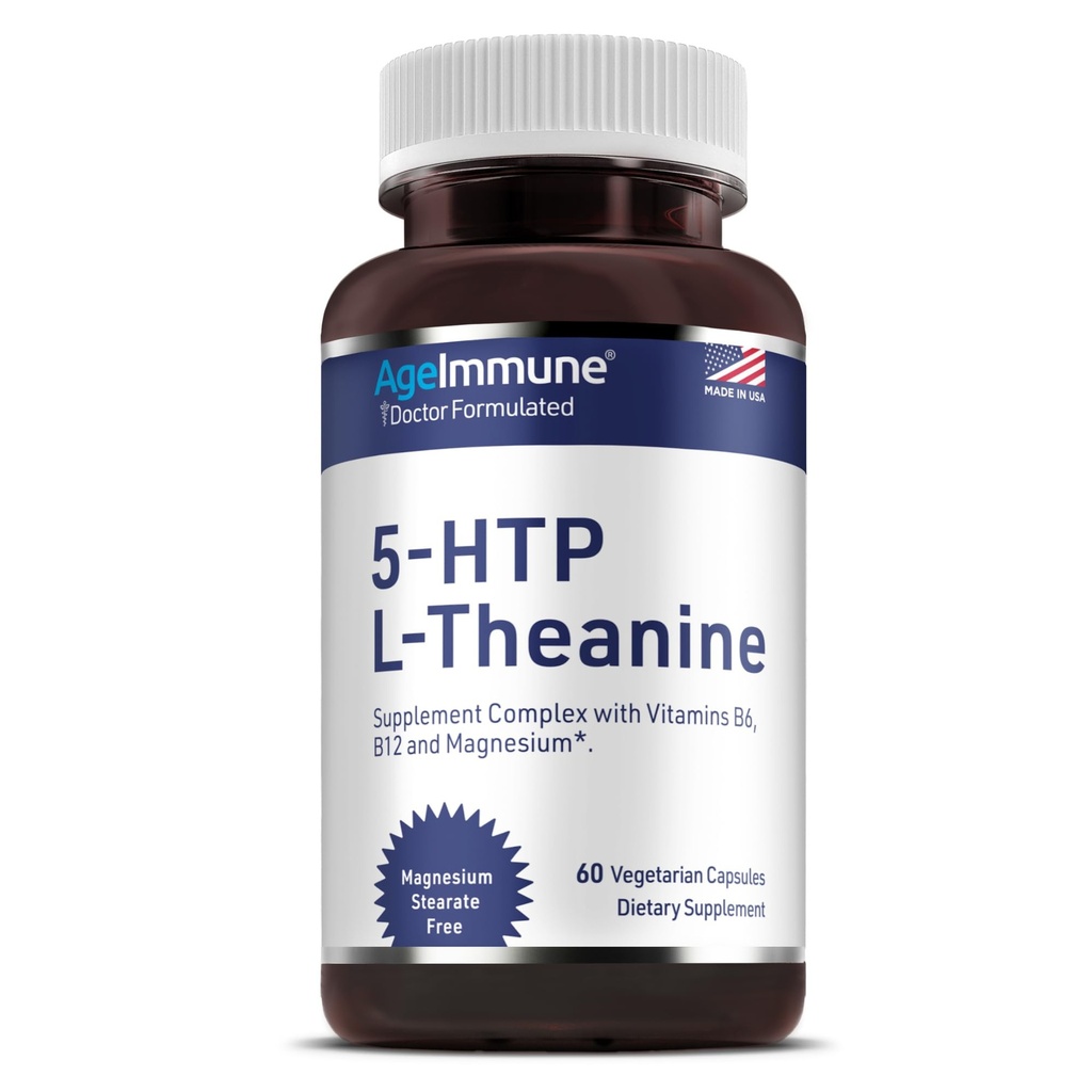5-HTP Formule voor Stress Relief en ontspanning ondersteuning voor tieners en volwassenen met 5-HTP, L-Theanine, Vitamine B6, Vitamine B12, Magnesium - Doctor Geformuleerd - Magnesium Stearate Free - 60 capsules.