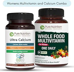 Pure Nutrition Ultra Calcium 1000mg and Whole Foods Womens Multivitamins 1500mg for Healthy Bones,Metabolic Support, Joints and Overall Wellness. Ultra Calcium 90 Tabs + Womens Multivitamins 90 Tabs.