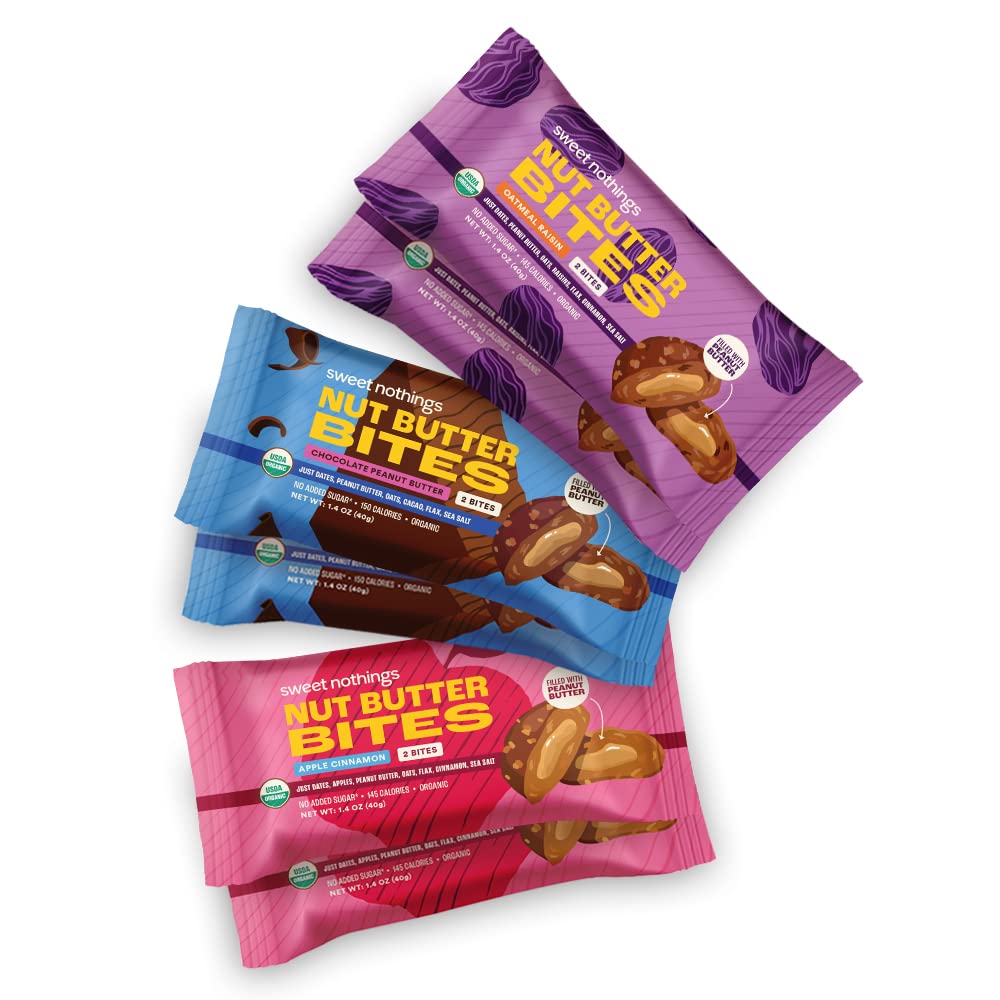 Sweet Nothings, Variety Pack: Chocolate, Apple Cinnamon, and Oatmeal Raisin, USDA Organic Nut Butter Bites Protein 6-2 Bite Value Packs (2 of each flavor) - No Added Sugar