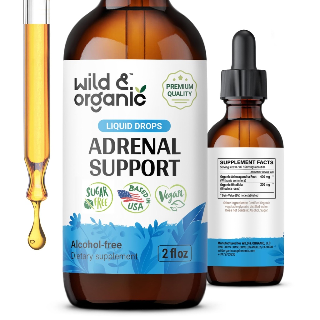 Wild & Organic Adrenal Support Tinture for Positive Outlook - Adrenal Complex with Ashwagandha, Rhodiola Rosea Root - 1-maand Supply - Vegan, No Sugar & Alcohol - 2 fl oz