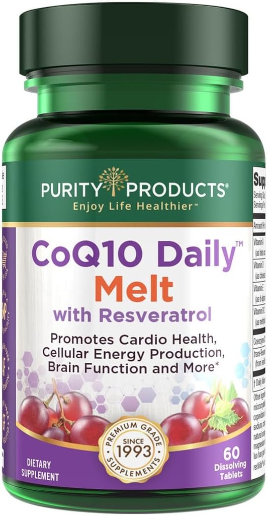 Purity Products CoQ10 Daily with Resveratrol Melt 100mg CoQ10-30mg Trans-Resveratrol - Vitamin A, D3, E, and B12 (as methylcobalamin) - 60 Fast Dissolving Tablets