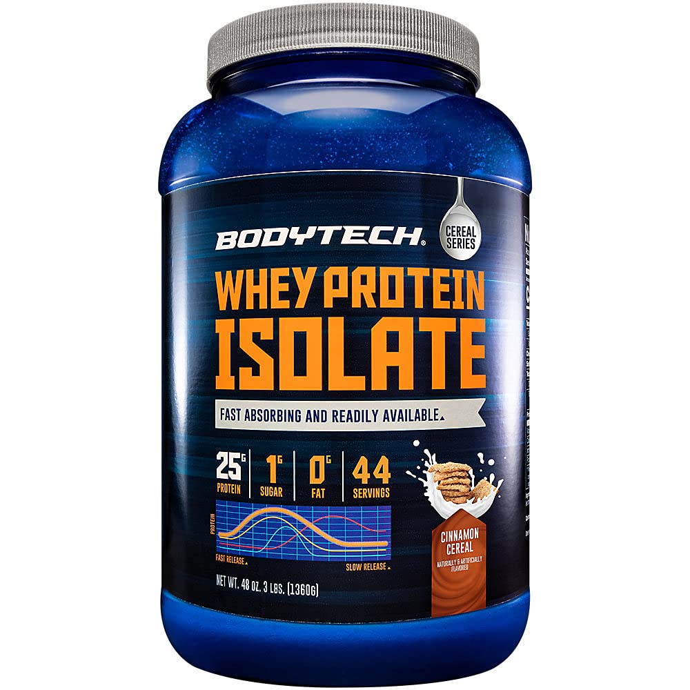 BODYTECH Wei-eiwitisolaatpoeder - met 25 gram eiwit per portie en BCAA's - Ideaal voor post-workout spieropbouw en groei, Bevat melk en soja - kaneelgranen (3 pond)