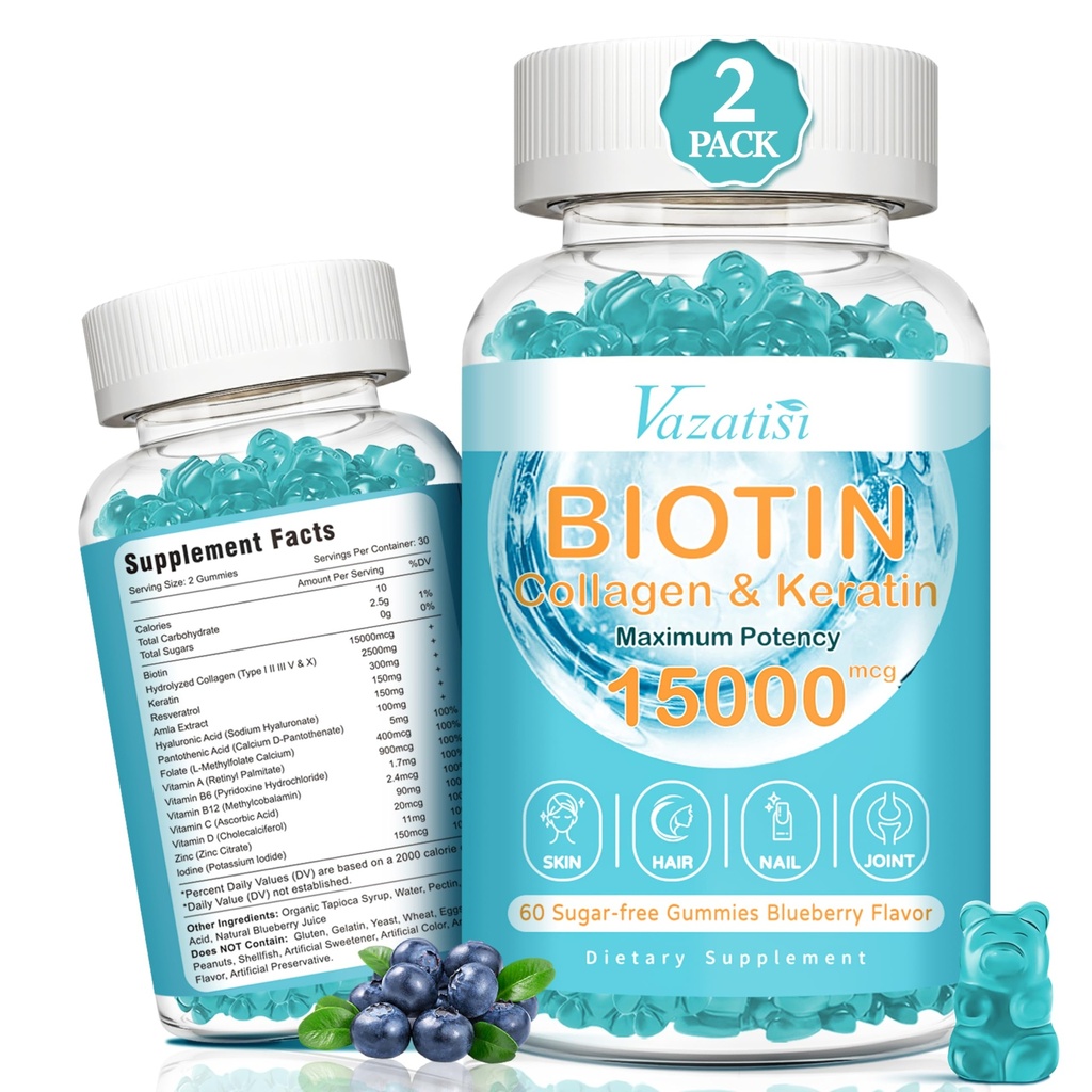 Biotine en Collageen Gummies met B12, Hair Skin en Nails Vitaminen Gummies voor haargroei, Glowing Skin & Strong Nails - Blueberry Flavor, Sugar Free, 120 Ct