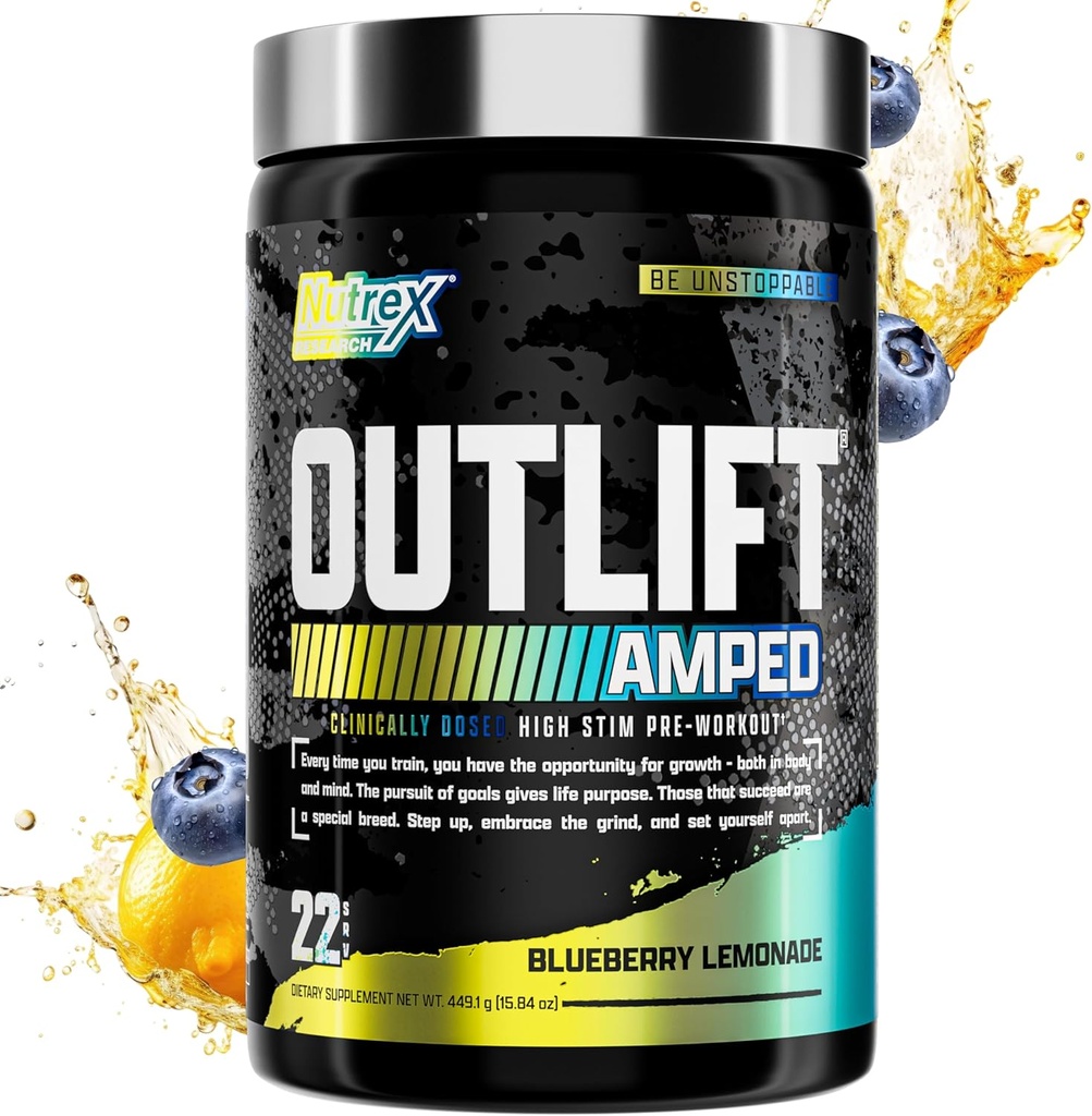 OUTLIFT Amped Max Dosed HIGH STIM Pre Workout Powder, 6G Citrulline, 3.2G Beta Alanine, Alpha GPC, CognatiQ, Extreme Energy, Massive Pumps, Electrolytes, Nootropics Blueberry Lemonade - 22 Serv