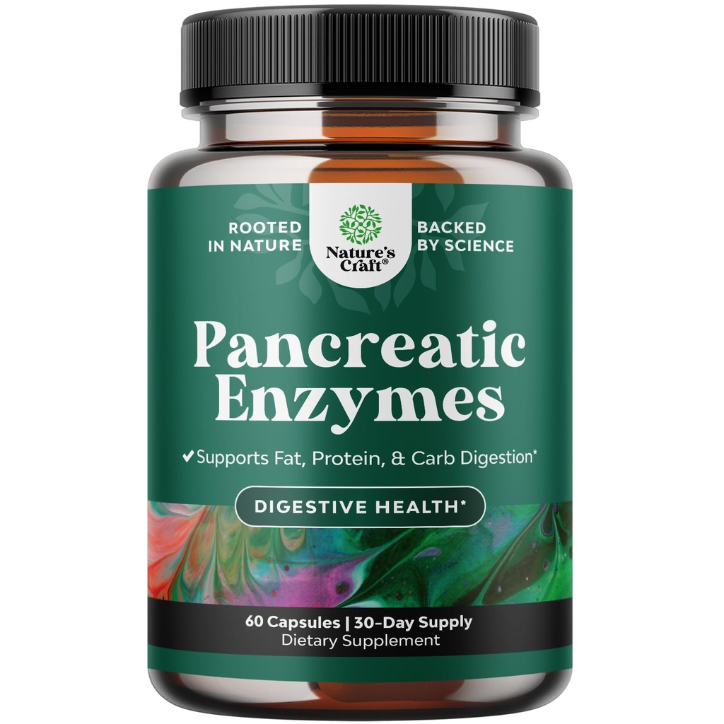 Pancreatrische digestieve enzymen Digestie voor Gut Health - Pancreatrische digestieve enzymen voor vrouwen en mannen met Protease, Lipase & Amylase - Bloating, Maaggezondheid, Vet, Carb & Proteïne - 60 Tel.