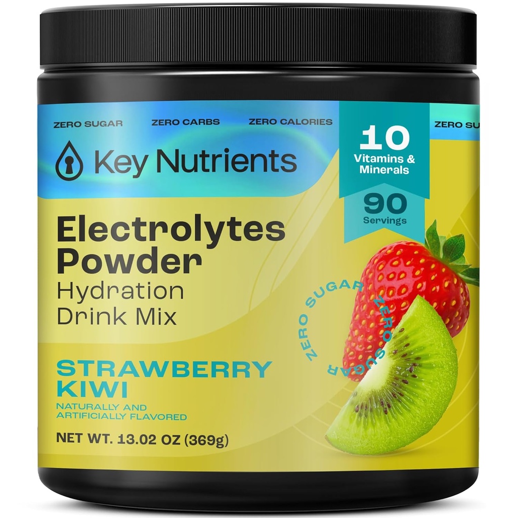 KEY NUTRIENTS Multivitamin Electrolytes Powder No Sugar - Juicy Strawberry Kiwi Electrolyte Powder - Endurance & Energy Supplement - Hydration Powder - No Calories - 90 Servings - Made in USA