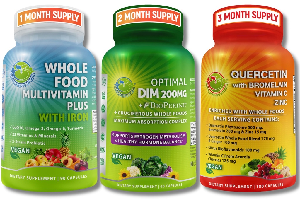 Dagelijks Hormonale & Immuun Support Bundle for Women & Men - DIM 200mg for Hormonal Balance + Quercetin 500mg with Bromelain & Zink + Whole Food Multivitamine with Iron 