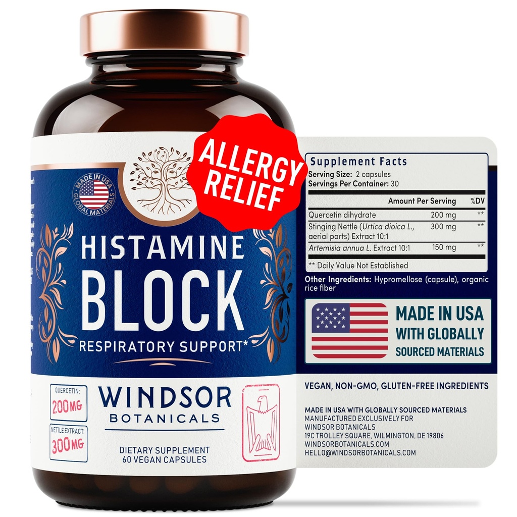 Histamine Blocker for Allergies - Quercetin, Stinging Nettle Flavonoids Natural Antihistamin Tablets - Allergie Relief Supplements & Antihistaminica voor volwassenen - 60 Vegan Histamine Block Capsules