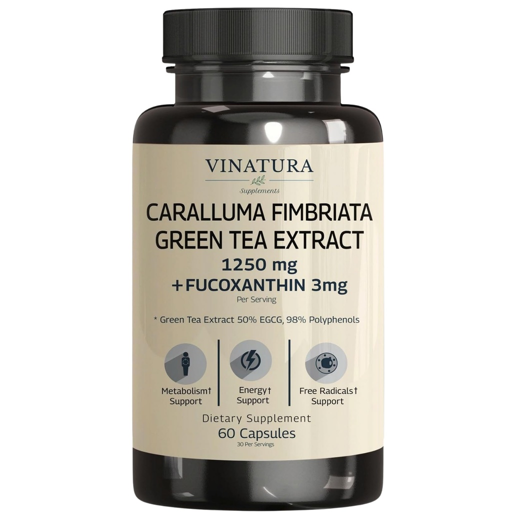 VINATURA Caralluma Fimbriata, EGCG 45% Extract 1250mg + Fucoxantine 3mg per portie *USA Made & Tested* for Immune Support, Energy and Mental Focus - 60 Capsules 30 Servings